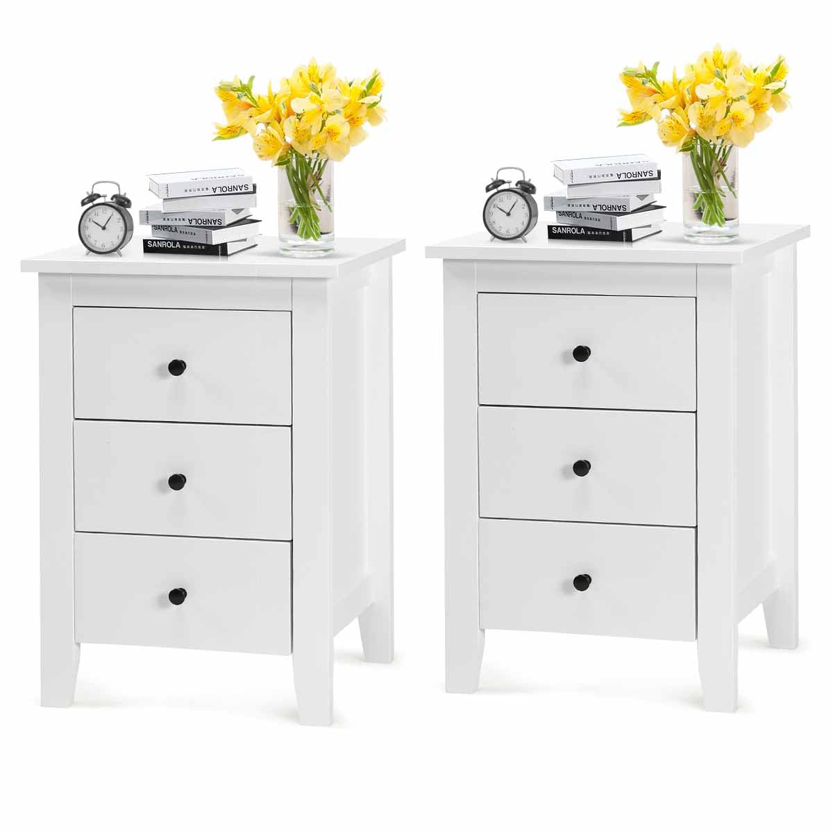Safeplus Nightstand, Side Table With 3 Drawers, Bedroom Side Storage Cabinet Wooden End Table Accent Table Solid Wood Legs (White, 2 Pics)