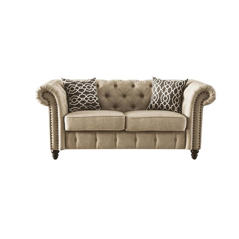 Acme Aurelia Nail-Head Trim Tufted Loveseat with 2 Pillows in Beige Linen