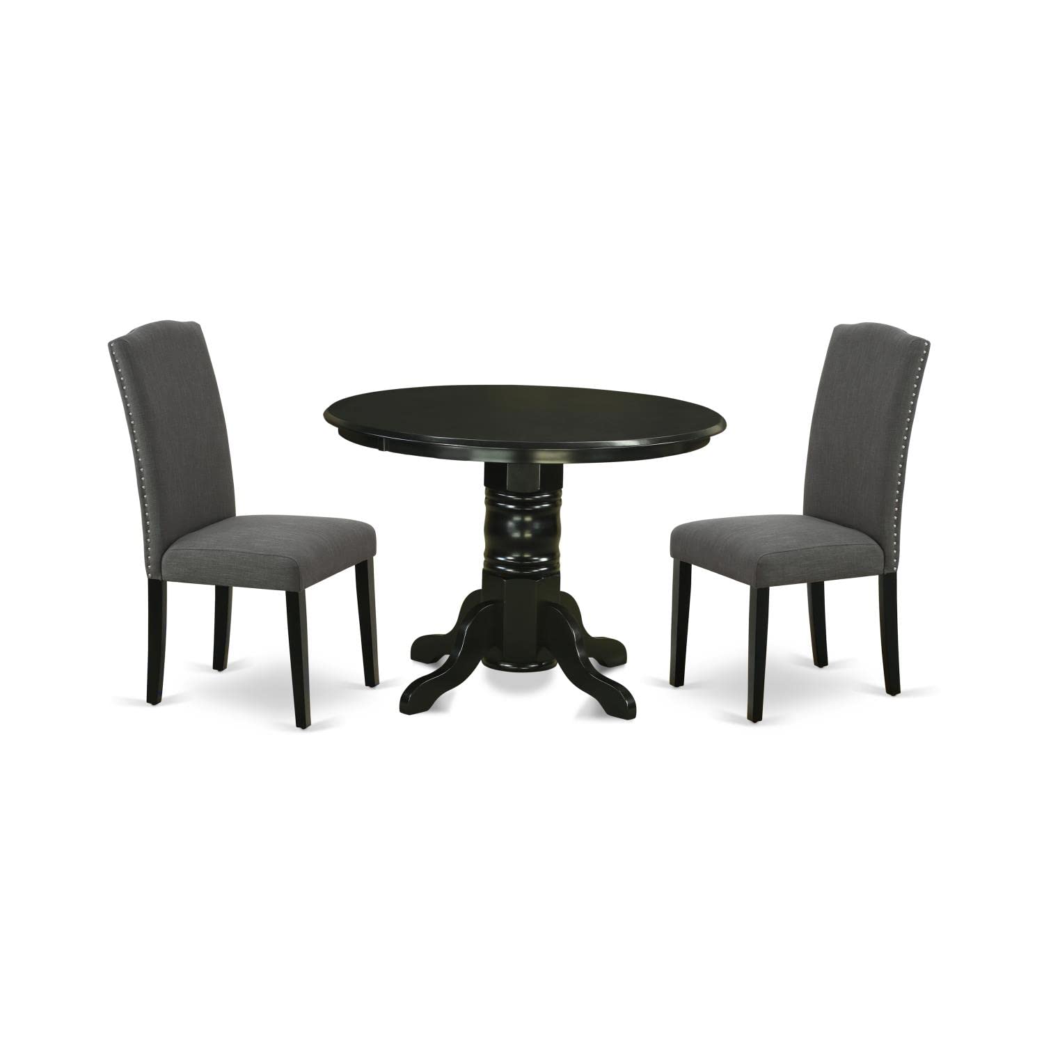 East West Furniture Shen3-Blk-20 3 Piece Dining Room Set Contains A Round Kitchen Dining Table With Pedestal And 2 Dark Gotham Linen Fabric Upholstered Chairs, 42X42 Inch, Black