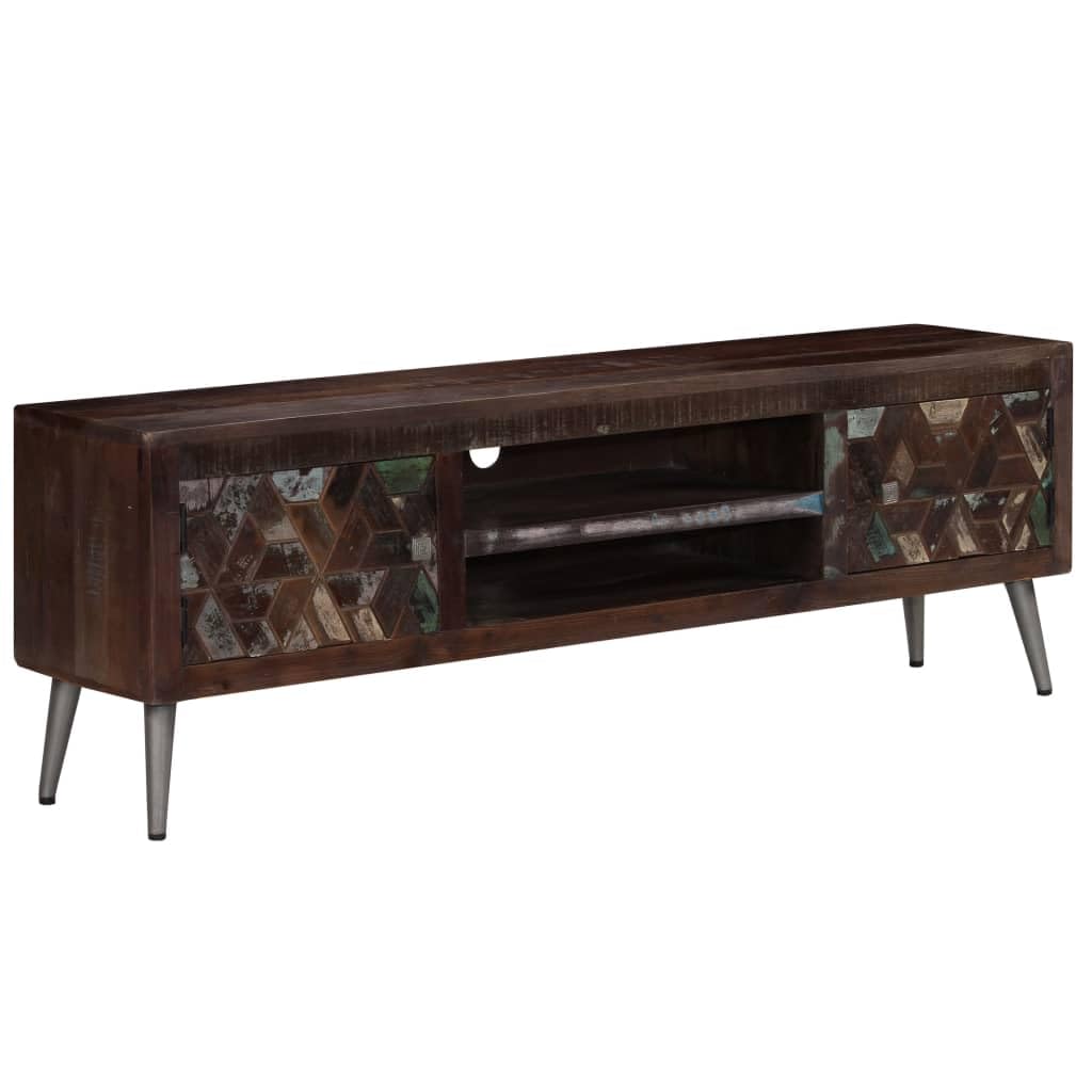 vidaXL TV Stand/Lowboard/Sideboard of 55.1&quot;x11.8&quot;x17.7&quot;, Made of Solid Reclaimed Wood, Features Steel Legs, Two Cabinets & One Shelf, Suitable for Living Room, Easy Assembly, Brown