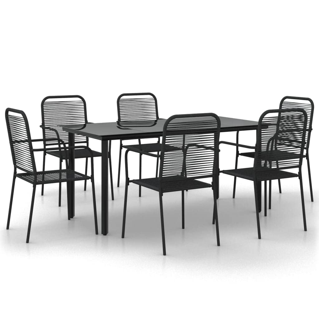vidaXL Modern 7-Piece Patio Dining Set with Tempered Glass Tabletop and Stackable Chairs, Black Cotton Rope and Powder-Coated Steel Frame