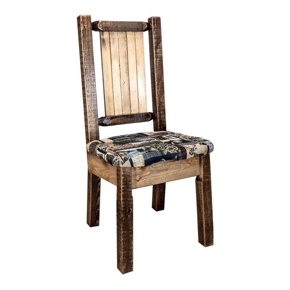 Montana Woodworks Homestead Collection Side Upholstered Chair, Woodland Pattern with Laser Engraved Bronc Design, Stain & Lacquer Finish