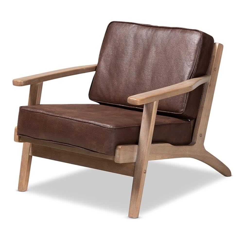 Baxton Studio Sigrid Mid-Century Modern Dark Brown Faux Leather Effect Fabric Upholstered Antique Oak Finished Wood Armchair
