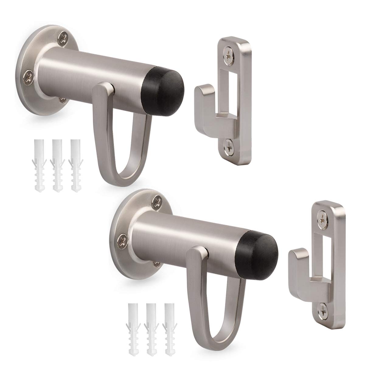 Homotek 2 Pack Heavy Duty Door Stopper With Manual Hook,Door Holder Stop With Sound Dampening Rubber Bumper Wall Mounted, Brushe