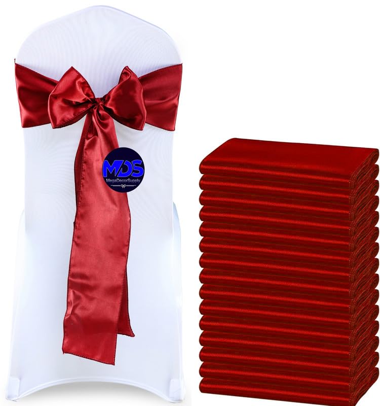 Mds Pack Of 300 Pcs Satin Chair Sashes Charmeuse Sateen Dining Chair Bows Ribbon Ties Back Sash For Wedding Party Birthday Home Hotel Restaurant Banquet Decoration (7 X 108 Inch, Apple Red)