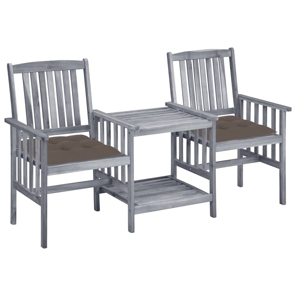 vidaXL Rustic Garden/Patio Bistro Set - Solid Acacia Wood Patio Chairs with Tea Table & Taupe Cushions - Sturdy, Comfortable, Gray Wash Finish