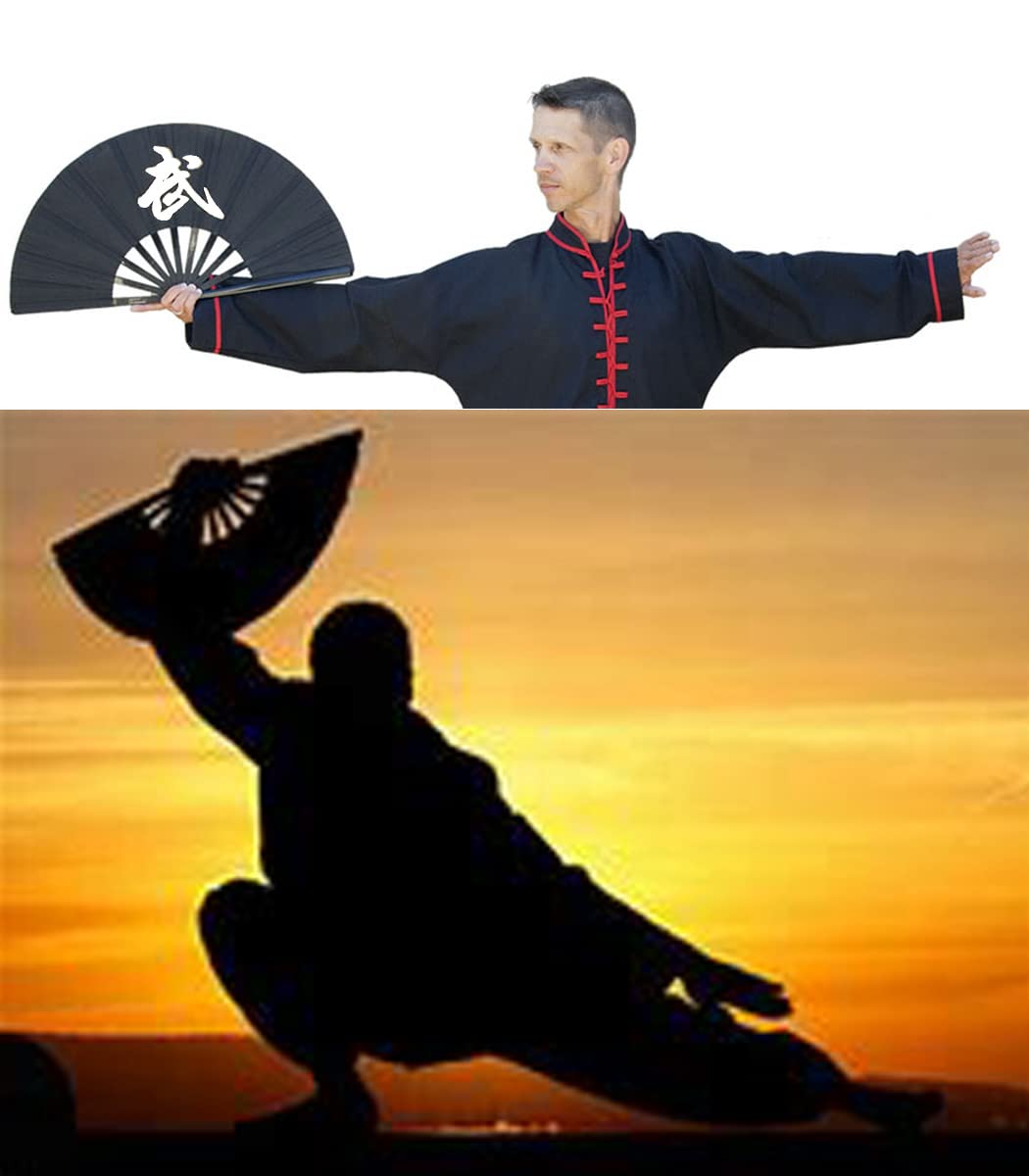Folding Fan Black-Large Hand Fan Chinese Kung Fu Tai Chi Plastic-Nylon Hand Held Folding Fans For Men/Women With A Fabric Case F