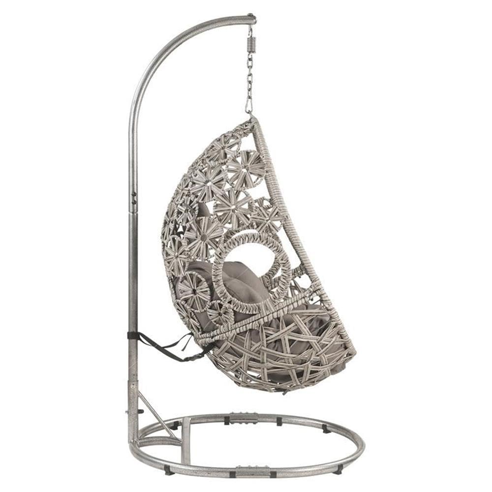 ACME Sigar Wicker Patio Hanging Chair with Metal Stand in Light Gray