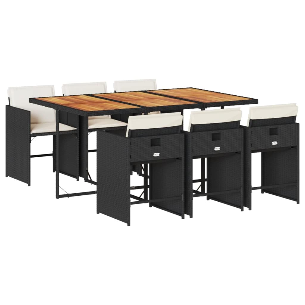 vidaXL 7 Piece Patio Dining Set - Black Poly Rattan Furniture with Cushions, Acacia Wood Tablet, for Garden, Backyard, and Patio (242.5 lb Capacity Per Seat)