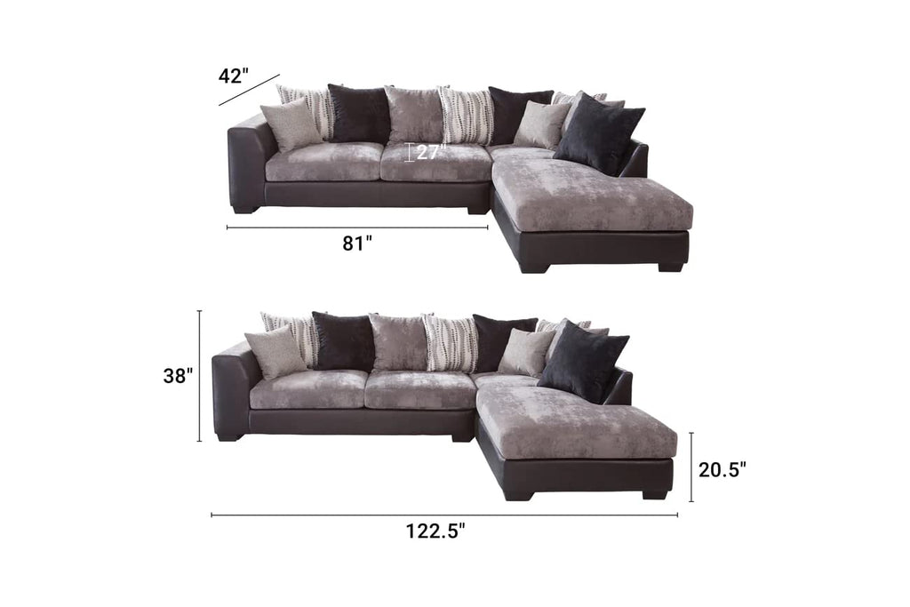 American Furniture Classics Model 8-A317-K Casual Comfort Series Charcoal and Black L Shaped Sectional Sofa with 8 Back Pillows and 2 Accent Pillows