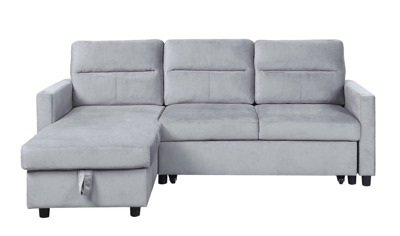 Lilola Home Ruby Light Gray Velvet Reversible Sleeper Sectional Sofa with Storage Chaise and Side Pocket