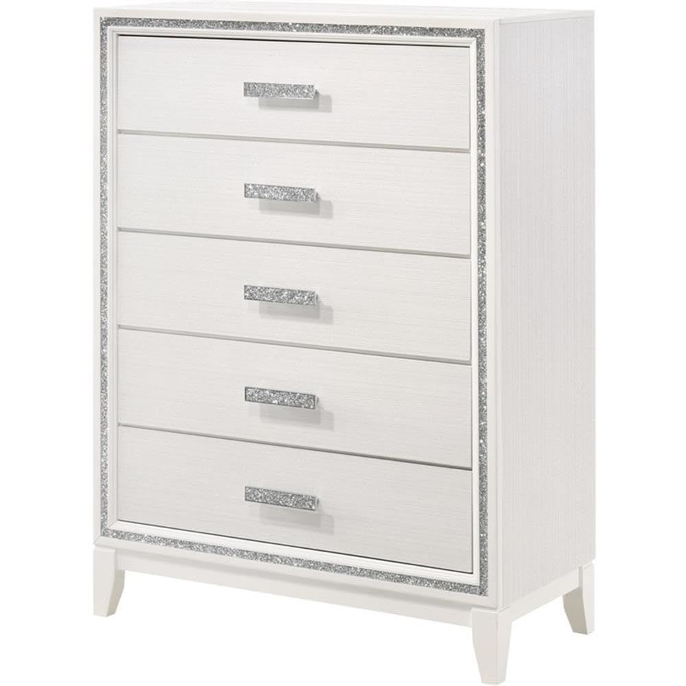 Acme Haiden 5-Drawer Bedroom Wooden Chest with Shimmering Trim in White