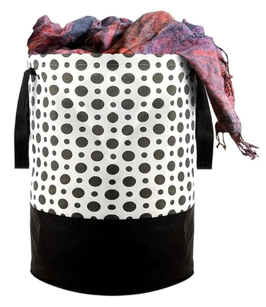 ZOVIRA Round Canvas Black & White Polka Dot 45 L Laundry Bag/Hamper Durable Collapsible Laundry Storage Basket for Dirty Clothes