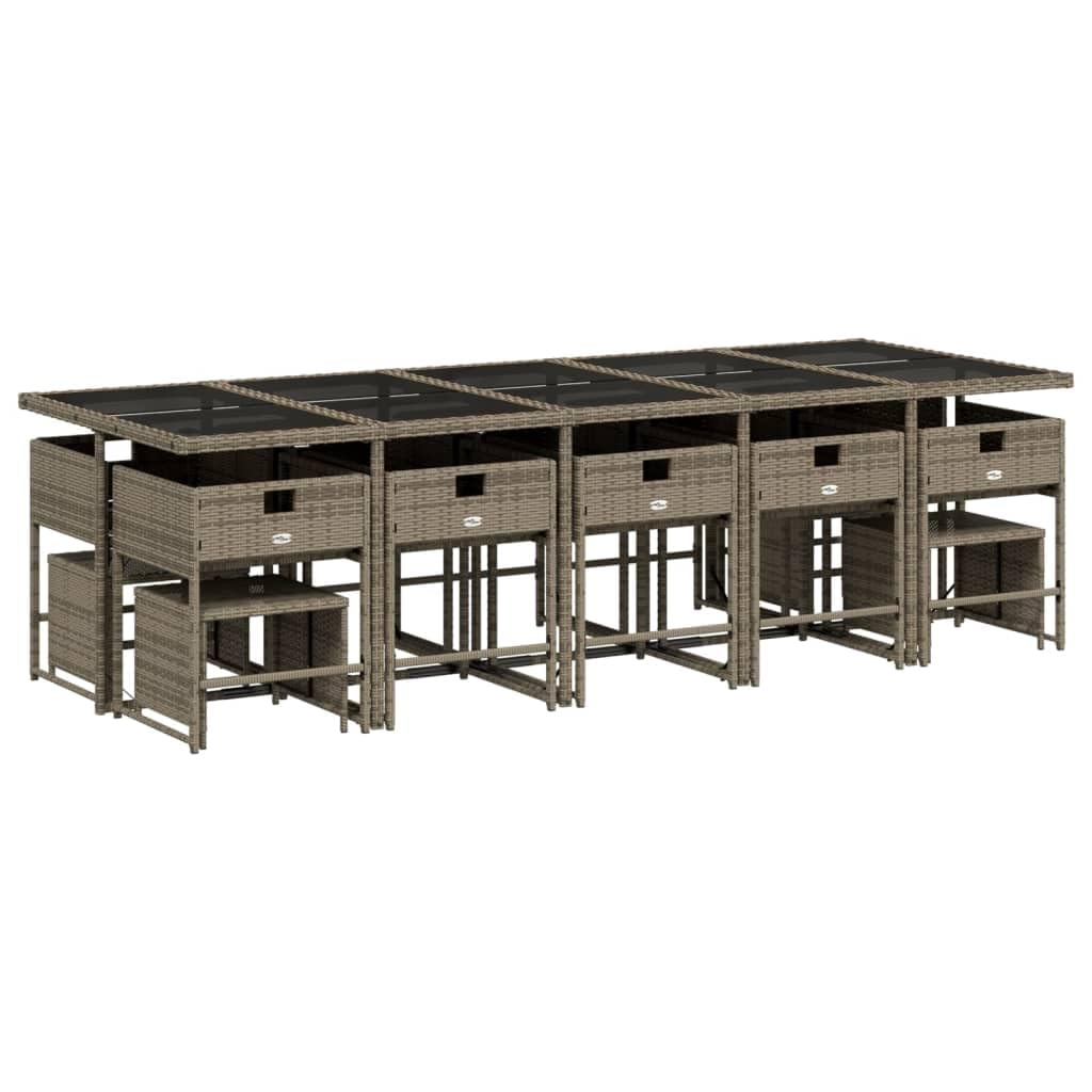 vidaXL Patio Dining Set with Cushions - 15 Piece Gray Poly Rattan Outdoor Garden Furniture - Tempered Glass Tabletop, Space-Saving Chairs and Stools, Navy Cushions