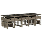 vidaXL Patio Dining Set with Cushions - 15 Piece Gray Poly Rattan Outdoor Garden Furniture - Tempered Glass Tabletop, Space-Saving Chairs and Stools, Navy Cushions