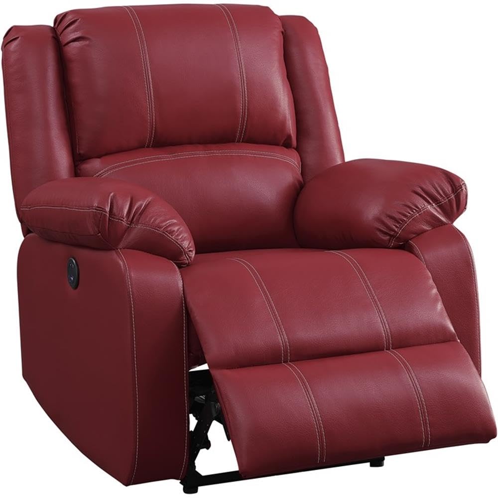 Acme Zuriel Power Recliner with Pillow Top Armrest in Red Faux Leather