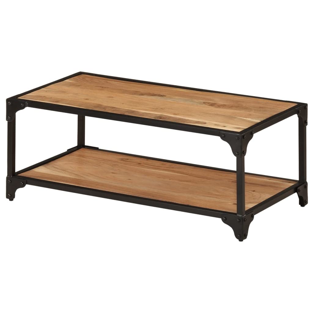 vidaXL Solid Acacia Wood Coffee Table with Iron Frame and Extra Storage Shelf, Retro Style, Natural Finish - 35.4&quot;x17.7&quot;x13.8&quot;
