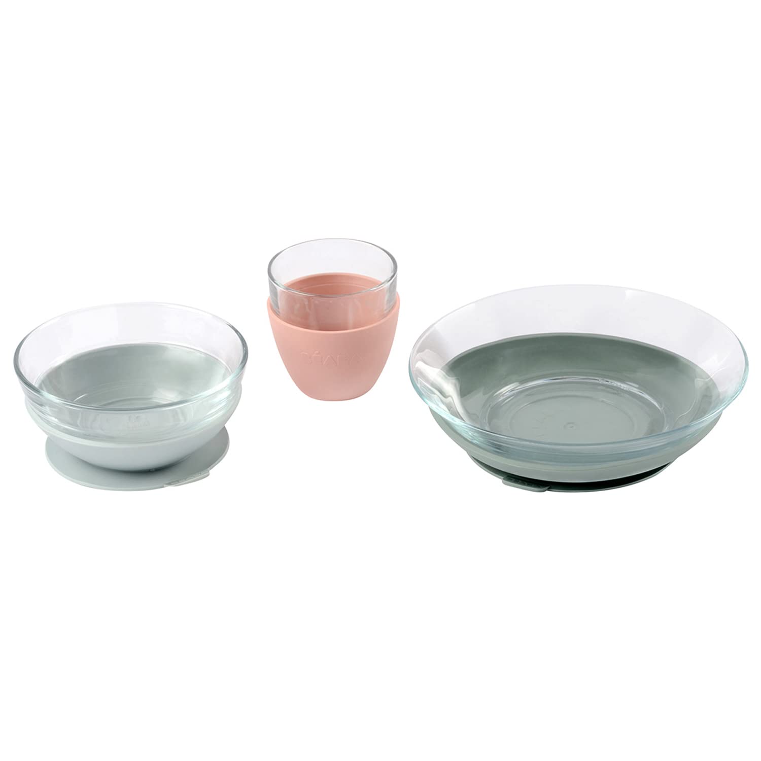 Beaba 3Piece Suction Glass Set, Glass Bowl And Plate Set  Baby + Toddler Dinnerware Set For Baby Food, Baby Plate, Baby Bowl, 