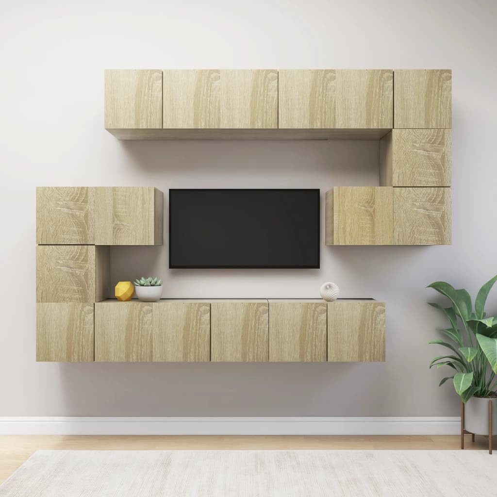 vidaXL TV Cabinet Set 10 Piece Home Indoor Living Room Hanging Wall-Mounted Stereo Plasma HiFi Cabinet TV Unit Furniture Sonoma Oak Engineered Wood