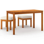 vidaXL 3 Piece Outdoor Patio Dining Set - Solid Acacia Wood with Oil Finish - Includes Table and 2 Stools with Cream Cushions - Ideal for Garden, Terrace, or Patio
