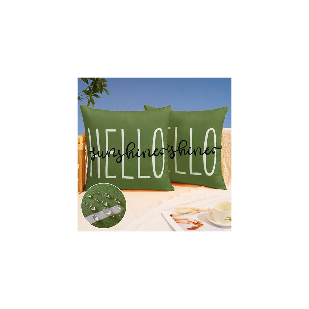 Dfxsz Outdoor Pillow Covers 16X16 Inch Set Of 2 Hello Sunshine Decor Olive Green Waterproof Throw Pillow Covers Summer Outdoor P