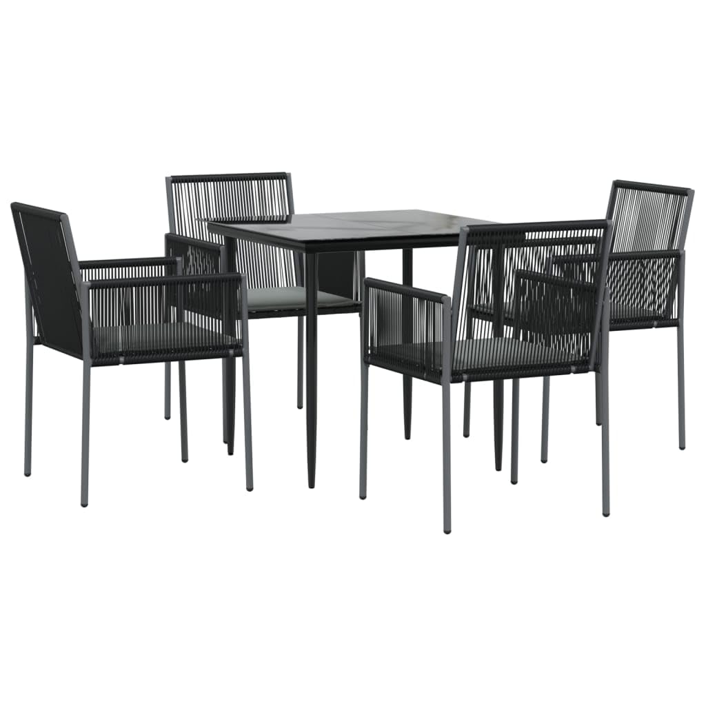 vidaXL- 5 Piece Patio Dining Set in Black Poly Rattan and Steel with Cushions, Tempered Glass Tabletop and Comfortable Outdoor Chairs