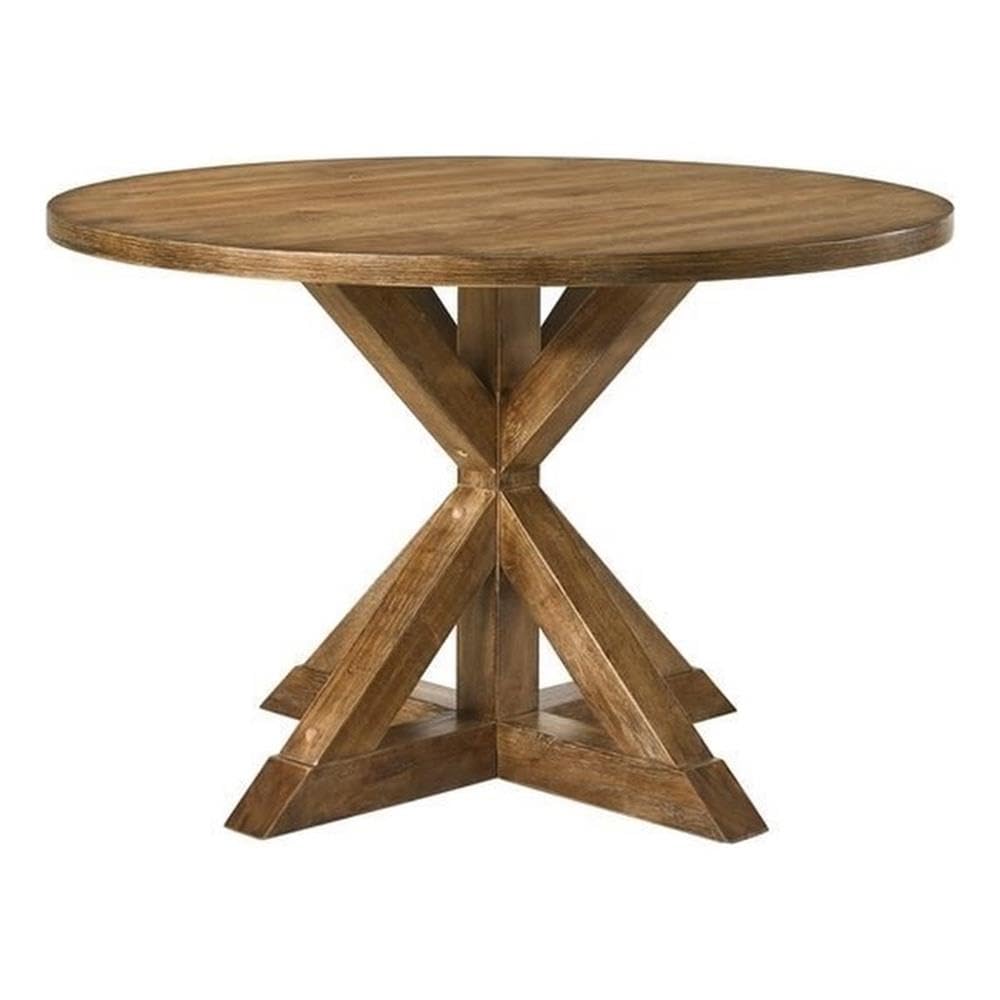 Acme Wallace II Round Wooden Dining Table in Weathered Oak