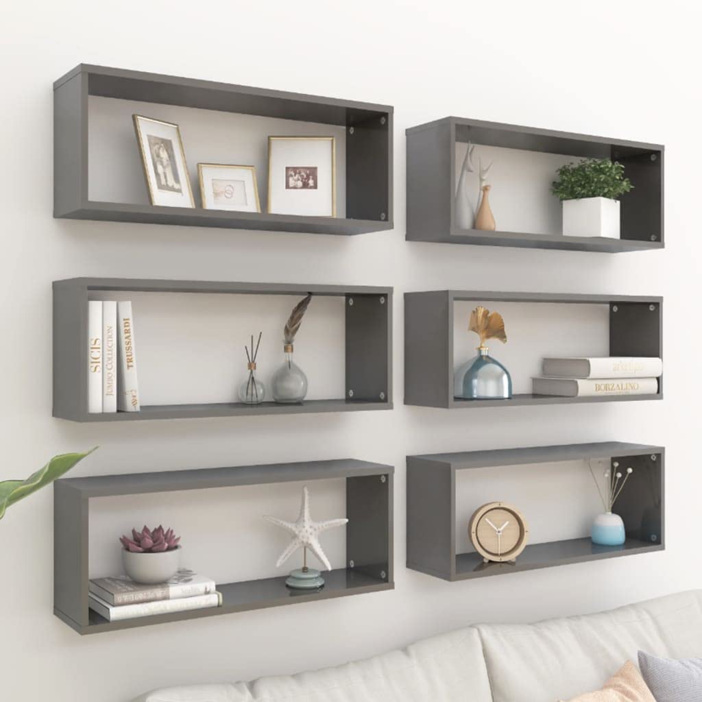 vidaXL Wall Cube Shelves 6 pcs High Gloss Gray 23.6&quot;x5.9&quot;x9.1&quot; Engineered Wood