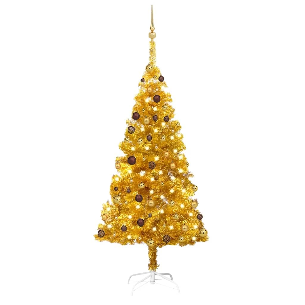 Vidaxl Artificial Pre-Lit Christmas Tree With Ball Set In Gold - 70.9&quot; Pet Material With Stable Steel Feet And Decorative Peak & Balls