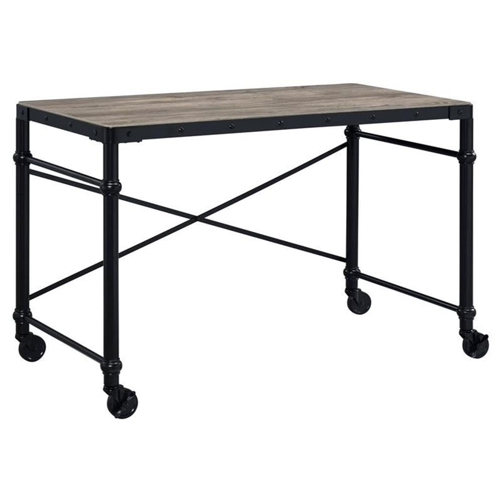 Acme Oklarth Wooden Top Writing Desk with Wheels in Rustic Oak and Black
