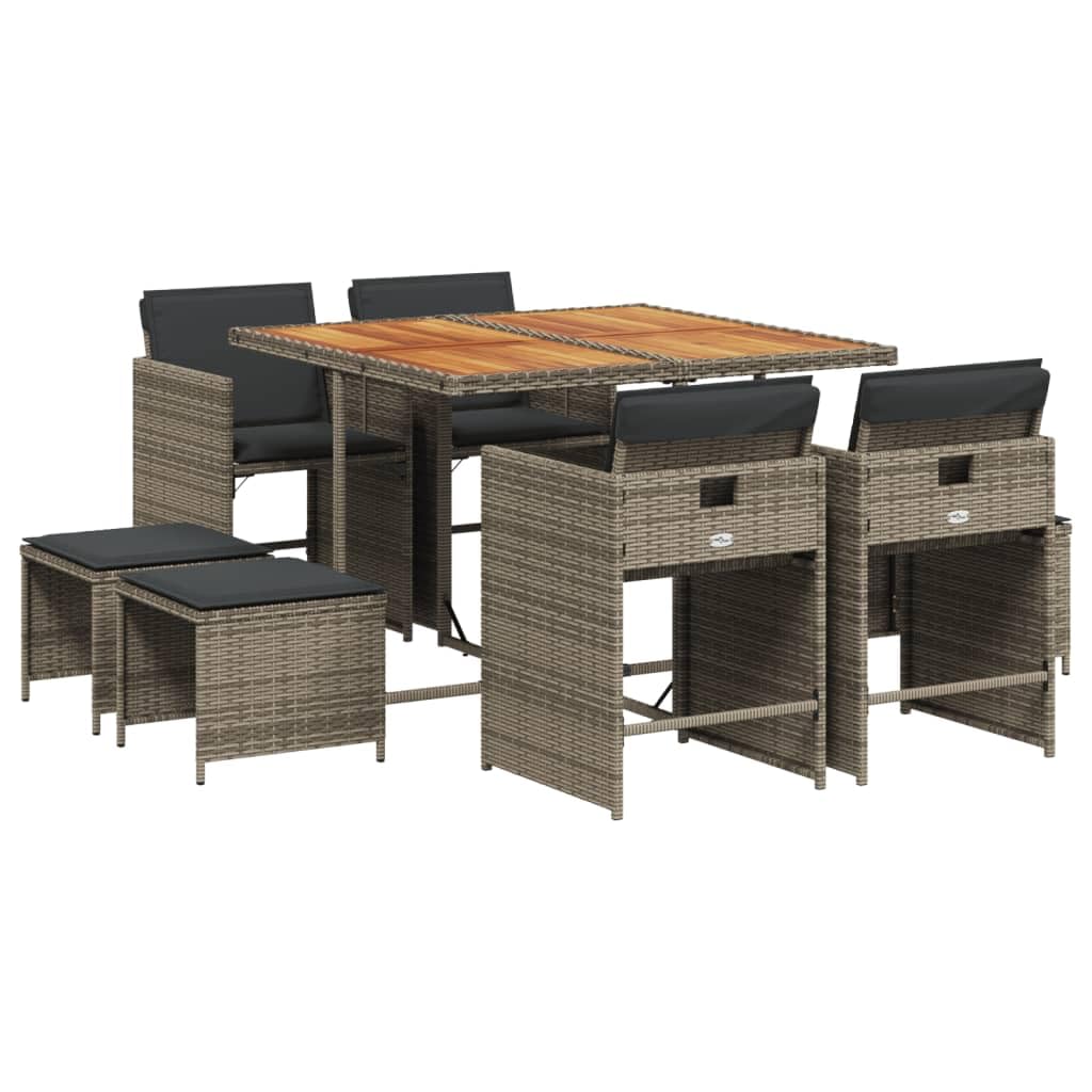 vidaXL Patio Dining Set with Cushions - 9 Piece Gray Poly Rattan Garden Furniture - Compact Storage, Washable Covers, Acacia Wood Table Top