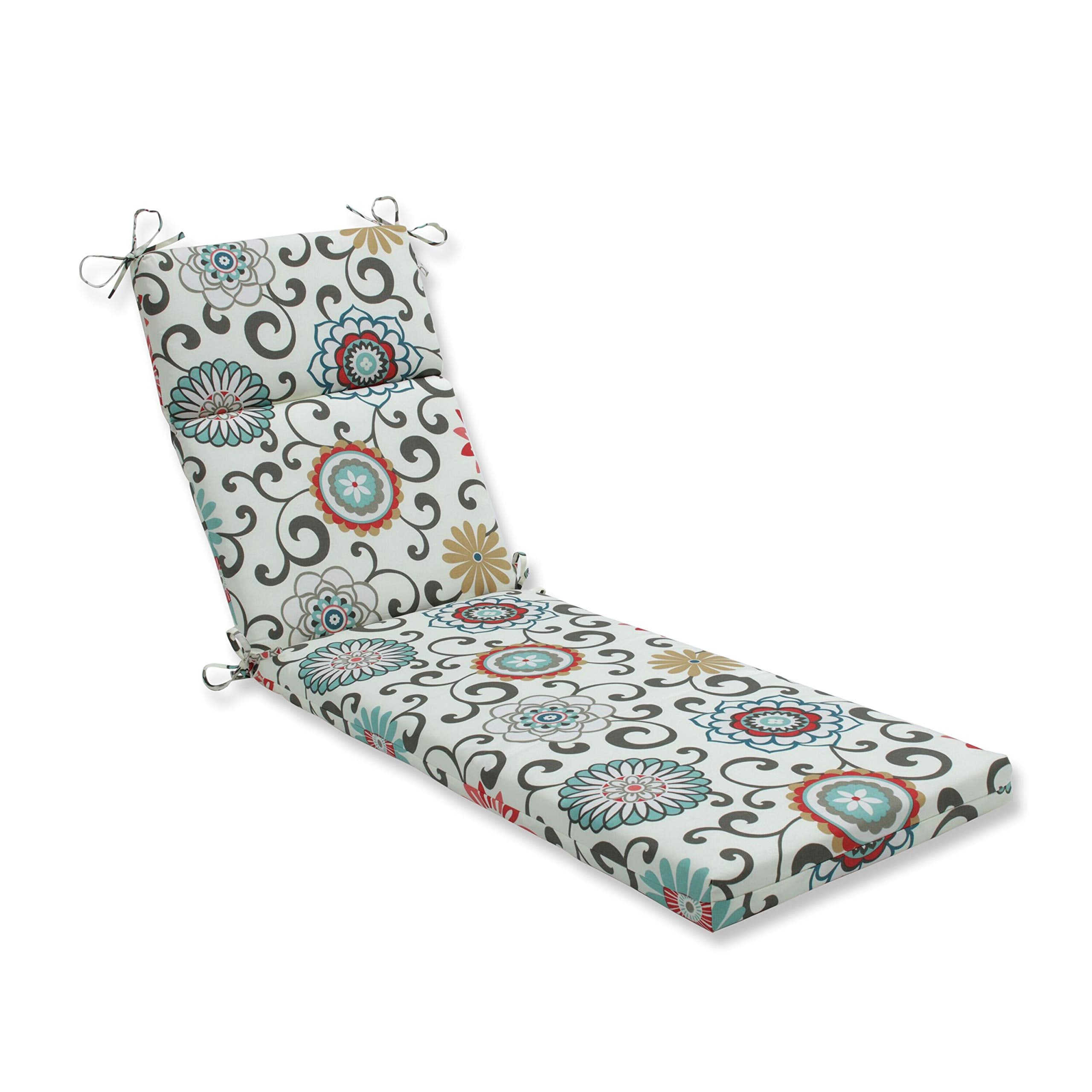 Pillow Perfect Chaise Lounge Cushion Split Back Floral Blue/Brown Pom Pom Play Plush Fiber Fill 72.5" x 21"