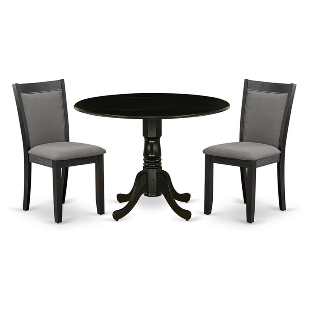 East West Furniture DLMZ3-AB6-50 3 Piece Dining Table Set Contains a Round Dining Room Table with Dropleaf and 2 Dark Gotham Grey Linen Fabric Upholstered Chairs, 42x42 Inch, Wirebrushed Black