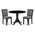 East West Furniture DLMZ3-AB6-50 3 Piece Dining Table Set Contains a Round Dining Room Table with Dropleaf and 2 Dark Gotham Grey Linen Fabric Upholstered Chairs, 42x42 Inch, Wirebrushed Black