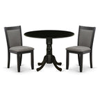 East West Furniture DLMZ3-AB6-50 3 Piece Dining Table Set Contains a Round Dining Room Table with Dropleaf and 2 Dark Gotham Grey Linen Fabric Upholstered Chairs, 42x42 Inch, Wirebrushed Black