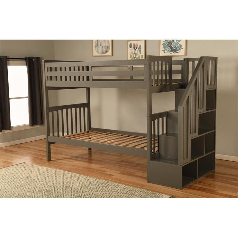 Kodiak Furniture Kelcie Twin/Twin Wood Bunk Bed with Storage and Stairs in Dark Gray