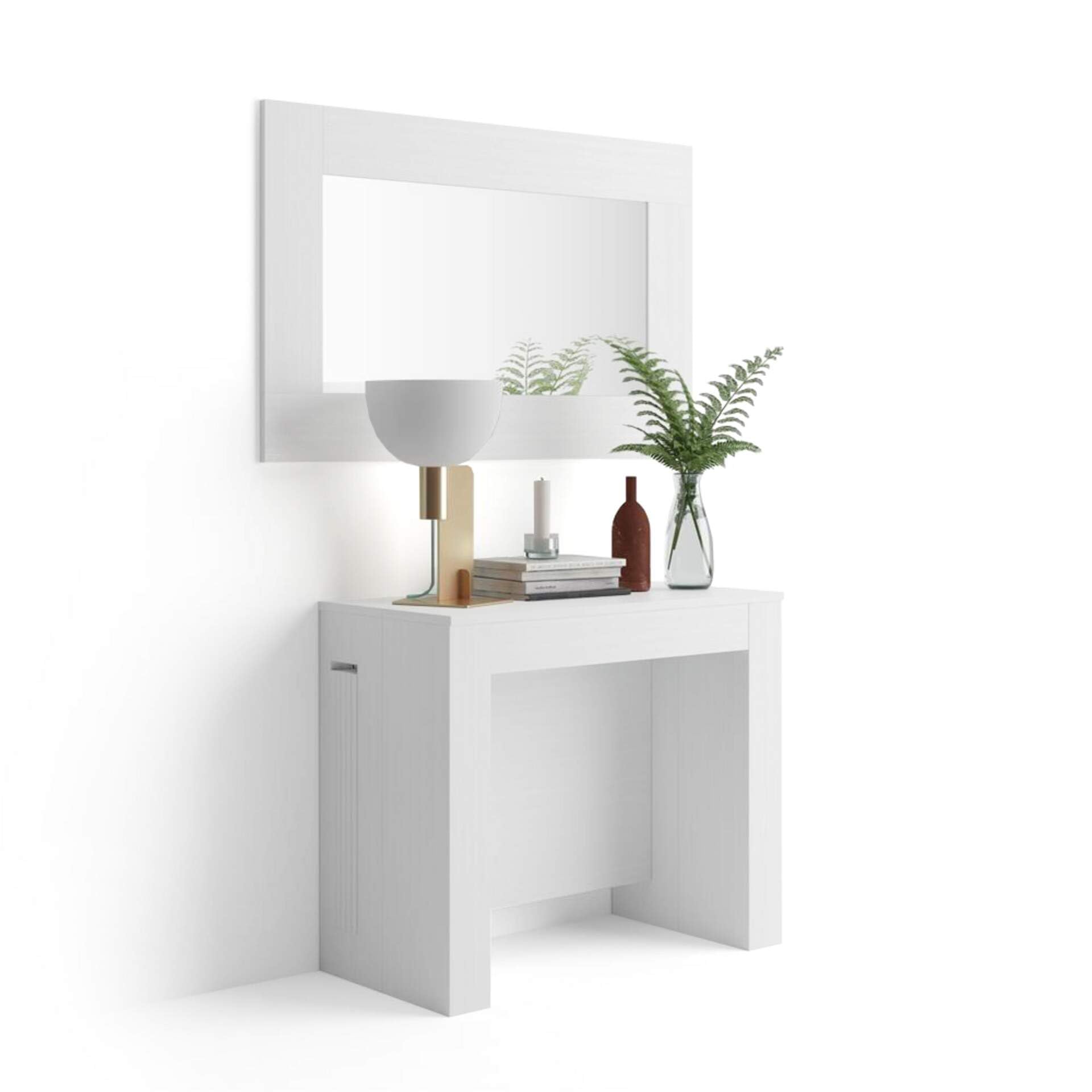 Mobili Fiver, Easy, Extendable Console Table With Extension Leaves Holder, 17,7(120,1) X35,4 In, Ashwood White, For 4-12 People, Space-Saving Dining Table, Italian Furniture