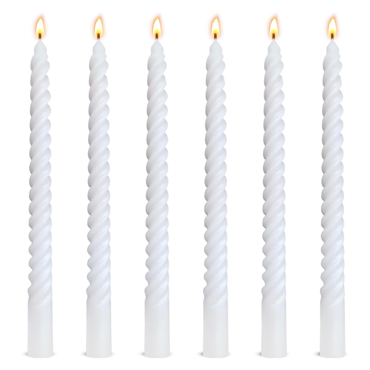 6 Pack 10 Inch White Spiral Taper Candles for Home Decor and Religious Ceremonies, Unscented Dripless Twisted Candlesticks for W