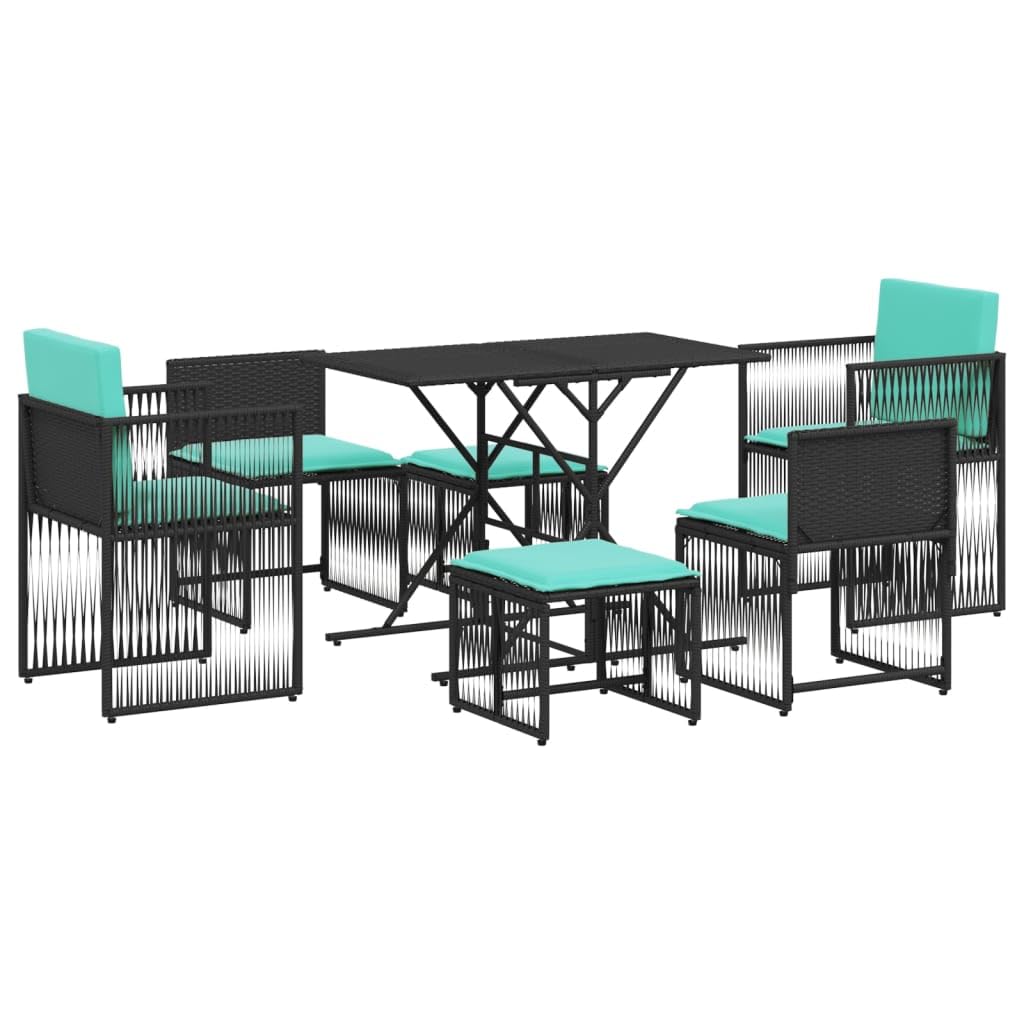 vidaXL Patio Dining Set with Cushions - 7 Piece Black Poly Rattan - Compact Outdoor Furniture for Garden, Patio, Backyard - UV-Resistant - Includes Table, Armchairs, Armless Chairs, Stools, Cushio...