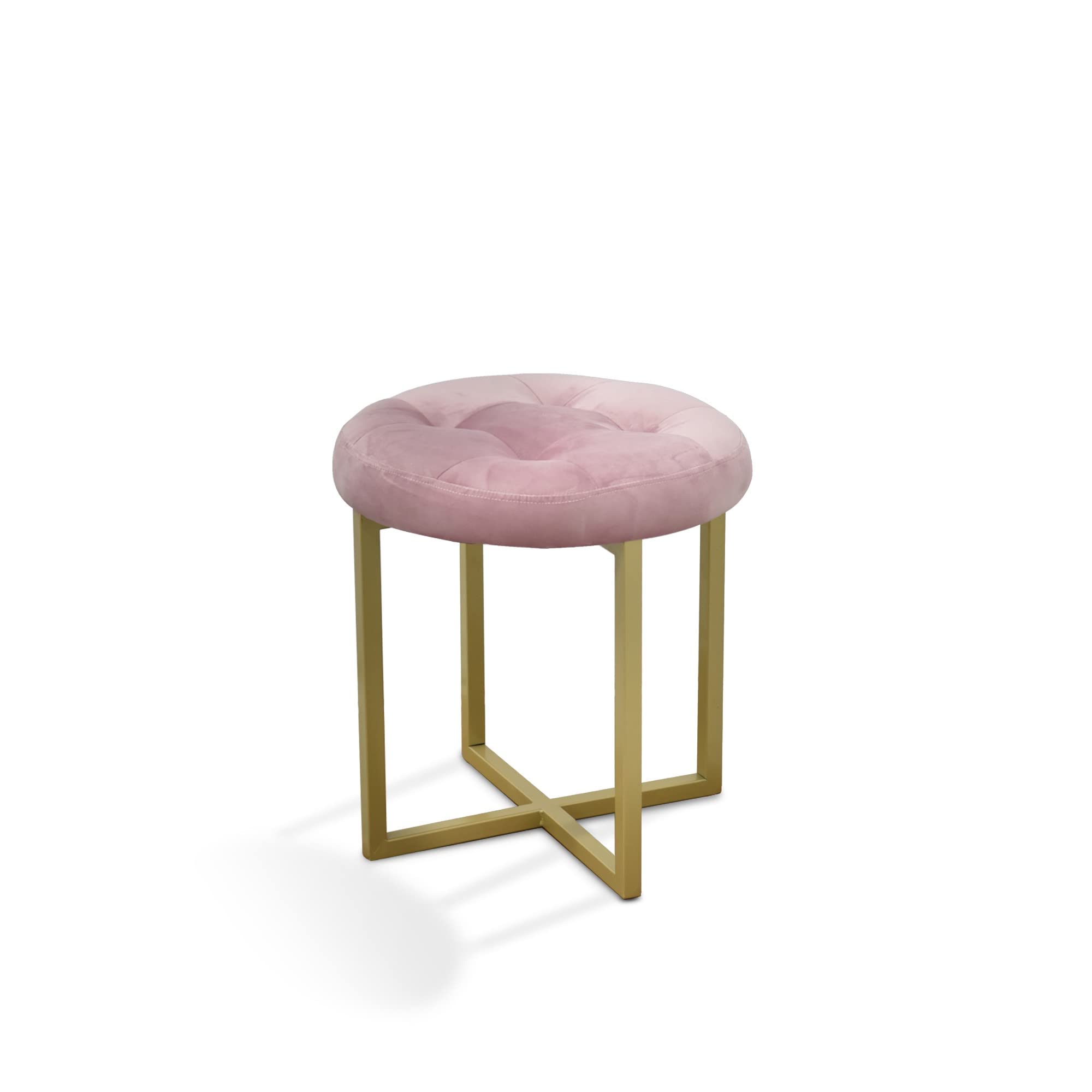 HomeRoots Pink + Matte Gold Metal + Fabric w/Polyurethane Foam Pad 17' Pink Tufted Velvet and Gold Stool