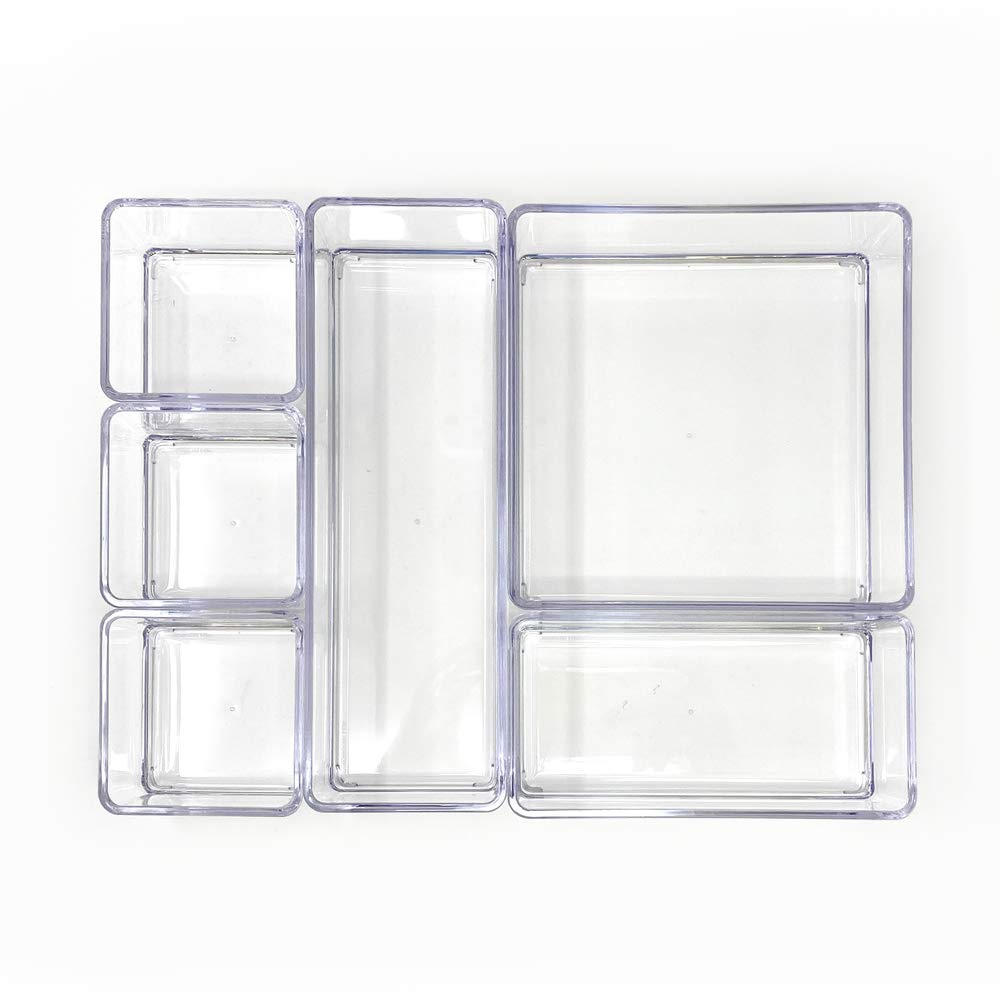 Isaac Jacobs 6-Tray Clear Acrylic Organizer Set, (Six Individual Trays), Multi-Purpose, Stackable Storage Solution For Makeup, C