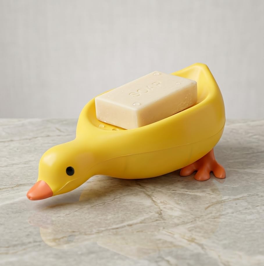 Duck Shape Soap Holder with Drainage, Plastic Soap Dish for Sink Edge or Countertop Bar Soap & Sponge Holder (Yellow)