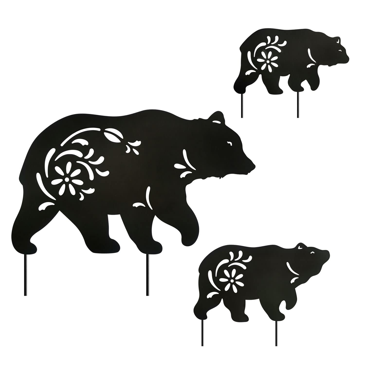 Hokfirm Metal Bear Stake, Outdoor Metal Animal Statue, Silhouette Bear Stake Outdoor Decorative Metal Animal Stakes, Set Of 3