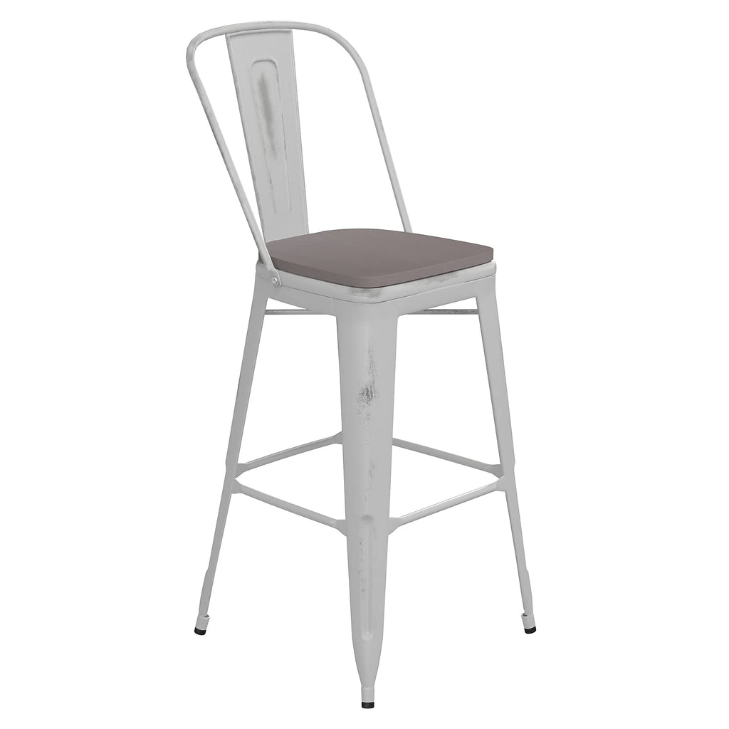 Flash Furniture Carly Commercial Grade 30" High White Metal Indoor-Outdoor Bar Height Stool with Back and Gray Polystyrene Seat