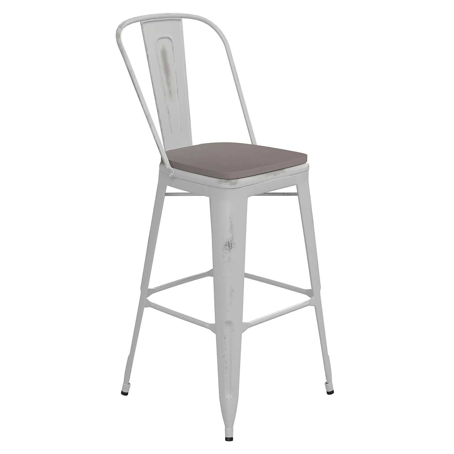 Flash Furniture Carly Commercial Grade 30" High White Metal Indoor-Outdoor Bar Height Stool with Back and Gray Polystyrene Seat