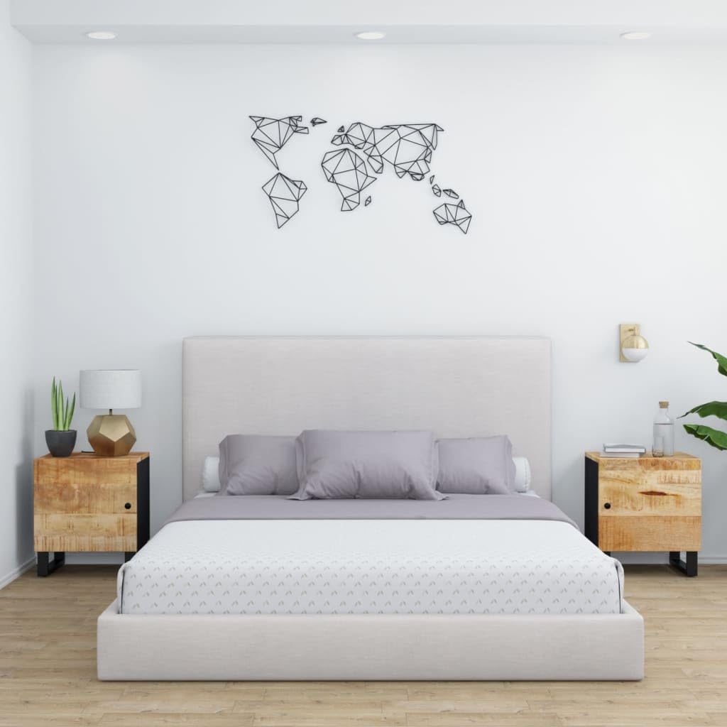 vidaXL Solid Mango Wood Bedside Cabinets, Set of 2, Black, Rectangular Industrial Style Nightstands with Drawer Storage, Dimensions: 15.7x13x18.1