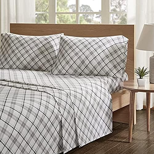 Comfort Spaces Cotton Flannel Breathable Warm Deep Pocket Sheets With Pillow Case Bedding, Cal King, Grey Plaid 4 Piece