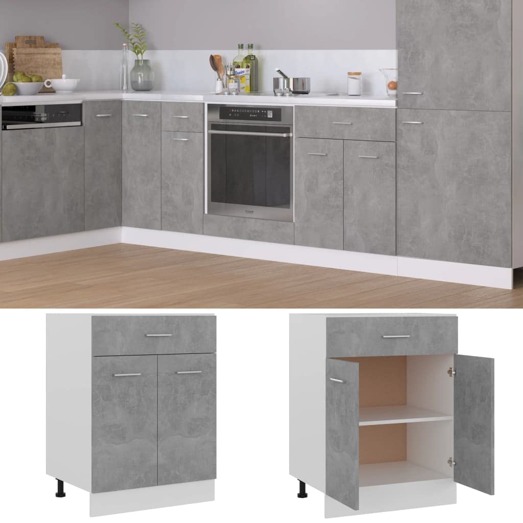 vidaXL - Engineered Wood Drawer Bottom Cabinet, Concrete Gray, Spacious Storage with One Drawer and Two Shelves, Scandinavian Style, Easy to Clean, Ideal for Kitchen Organization.
