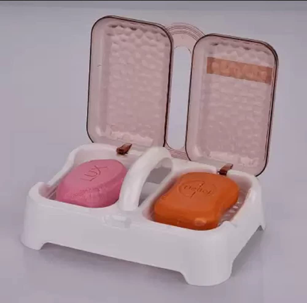 BEKNER Plastic Double Sealed Drain Soap Dish Tray Holder with Handle Lid Cover Box Case Soap Holder (Red)