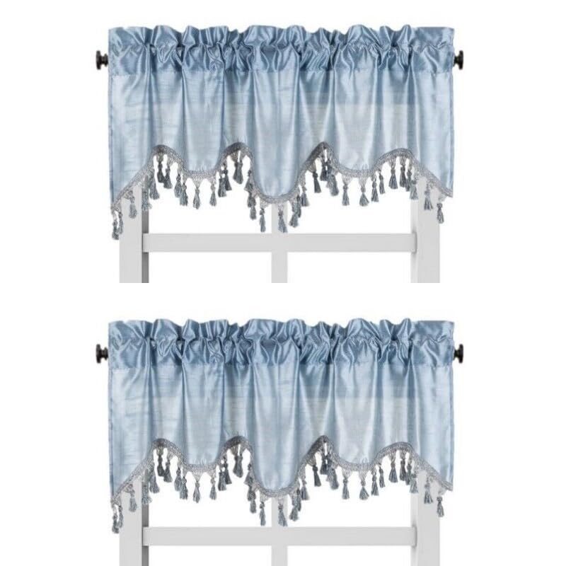 Solid Faux Silk Swag Waterfall Cascade Ascot Window Curtain Valance W/Tassels Trim 55' X18' Wave (2, Slate Blue)